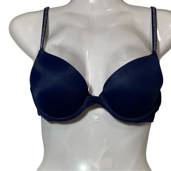PINK Victoria's Secret Deep Blue w/Rhinestones Push-up Bra Sz-32B - Picture 2 of 7